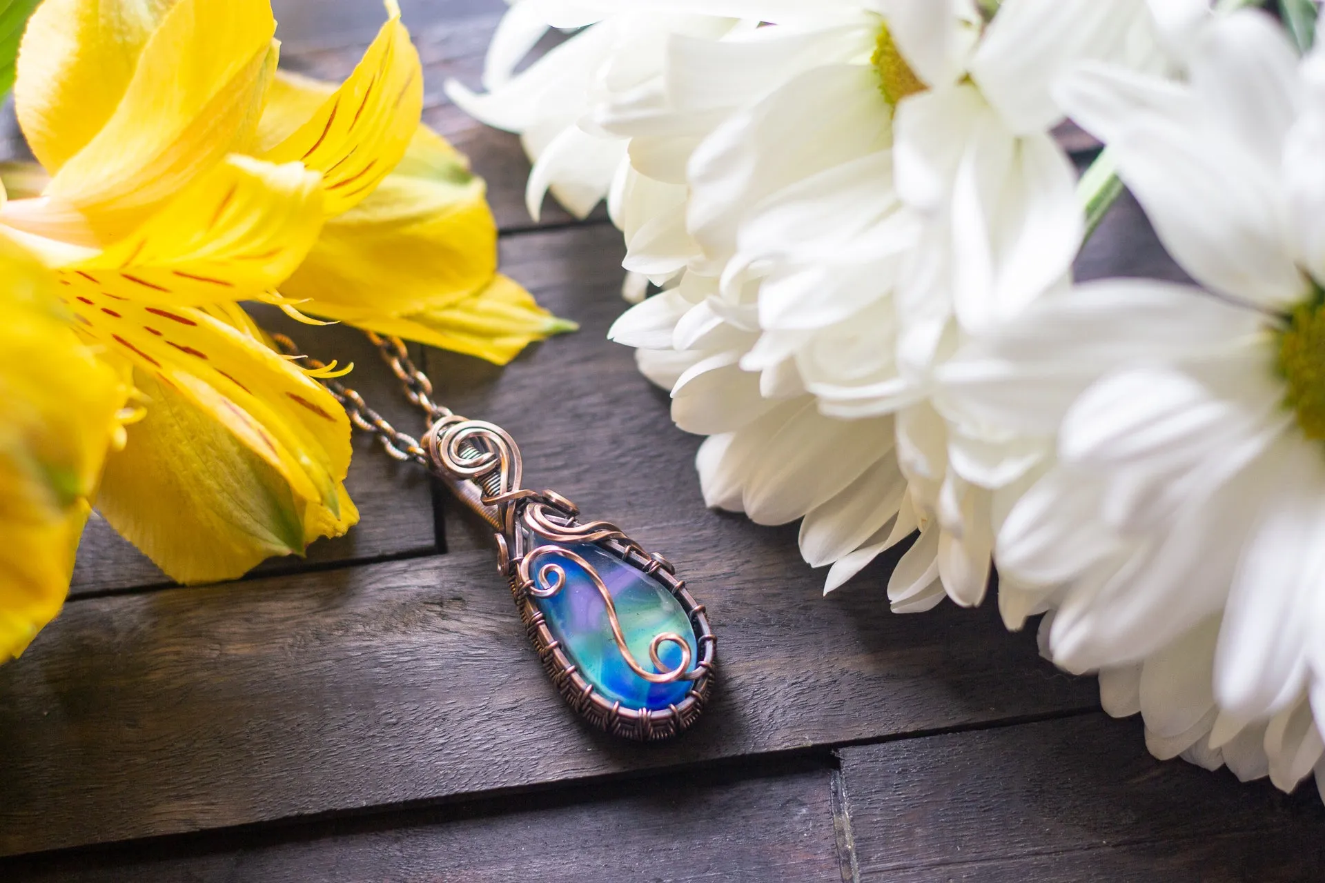 Blue and Green Fused Glass and Copper Wire Pendant