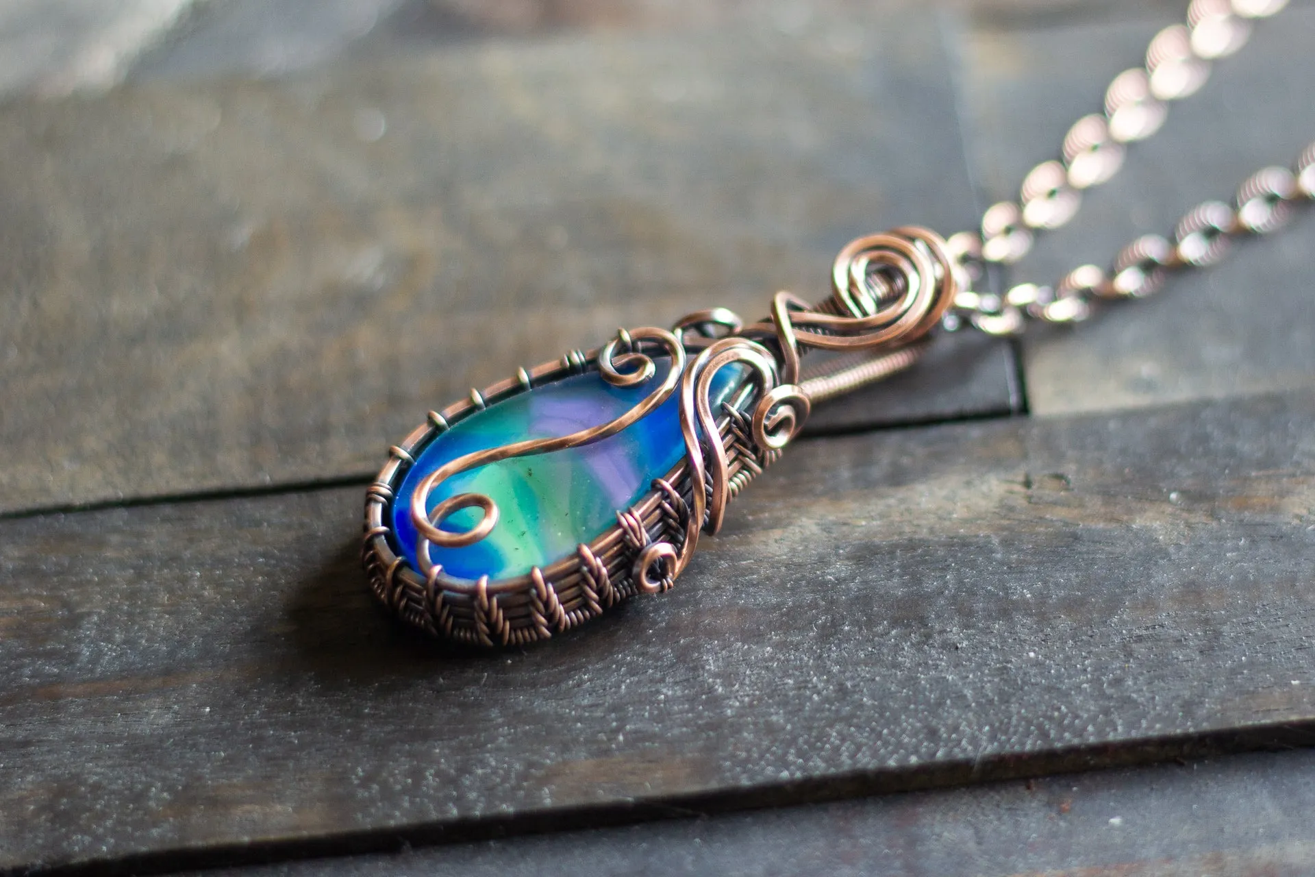 Blue and Green Fused Glass and Copper Wire Pendant