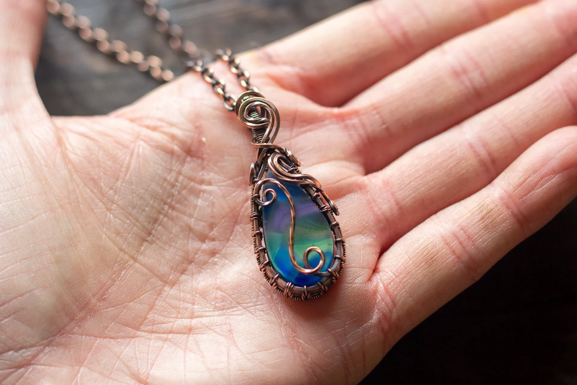 Blue and Green Fused Glass and Copper Wire Pendant