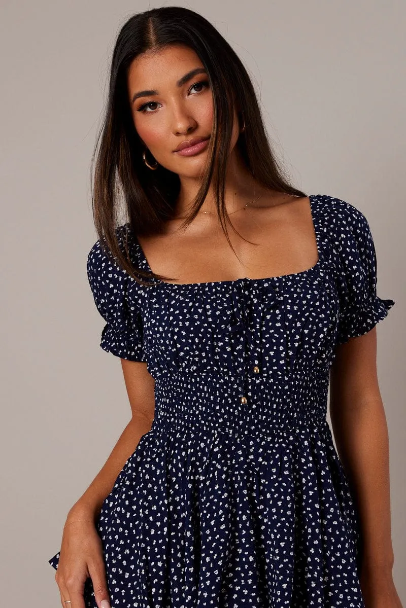 Blue Ditsy Ruffle Playsuit Short Sleeve Ruched Bust