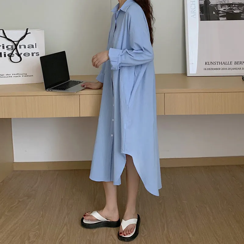Blue Longline Button Down Shirt Dress