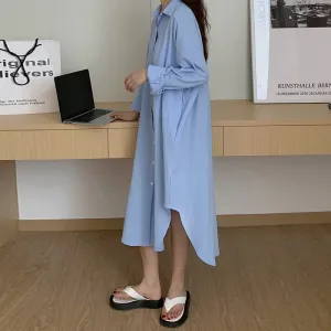 Blue Longline Button Down Shirt Dress