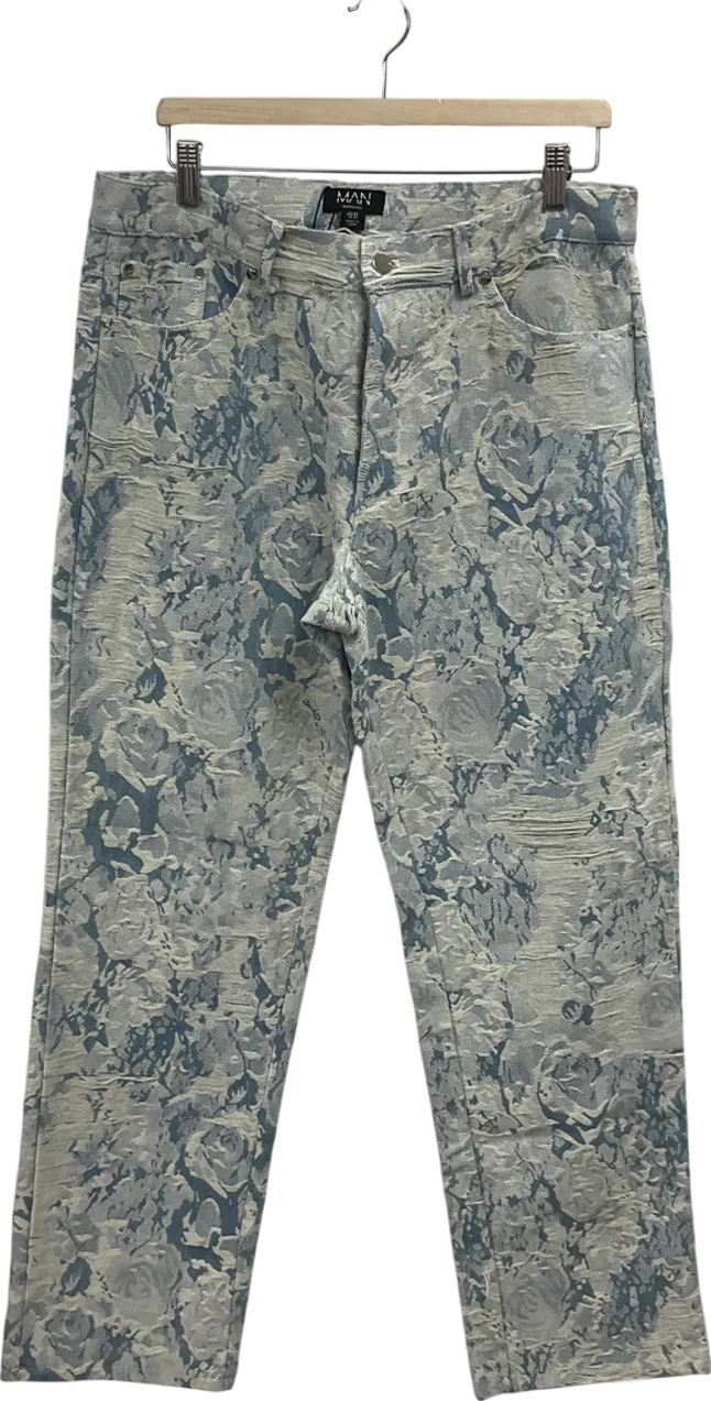 boohooMan Relaxed Fit Floral Fabric Light Blue Jeans W34