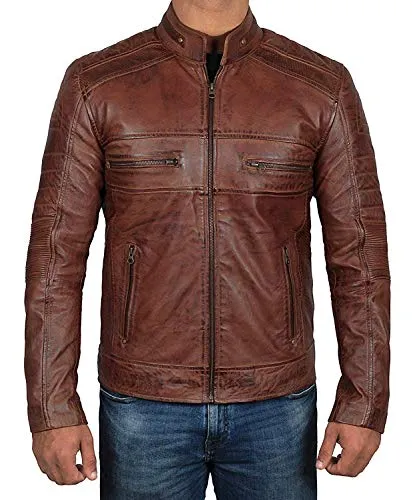 Brown Moto Leather Jacket Mens - Quilted Men lambskin Leather Jackets | [1100064] Austin Brown, L
