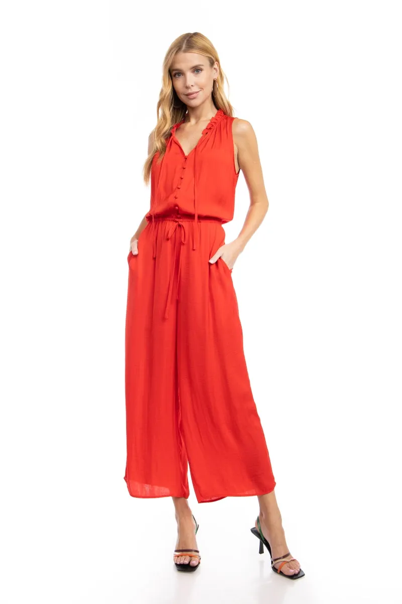 Button Down Jumpsuit With Frill Neck Detail