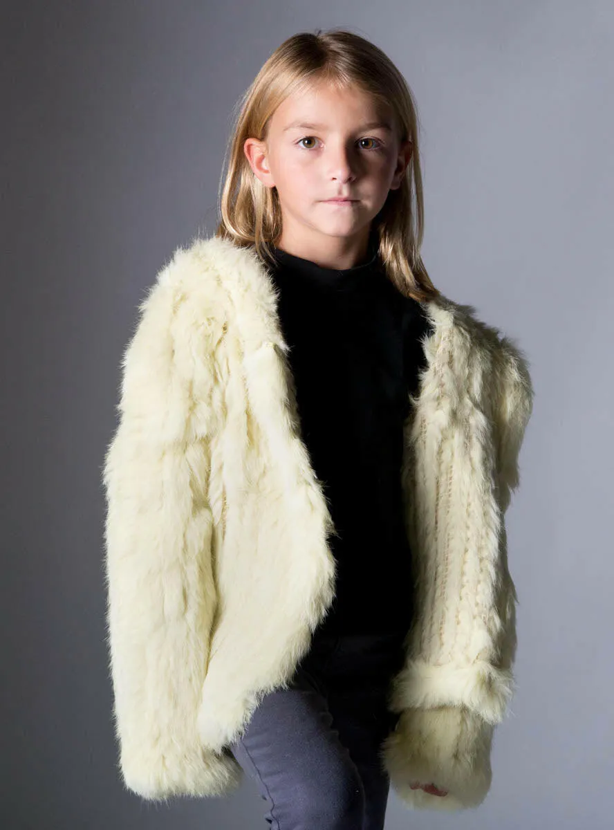 Children's Yellow Knitted Rabbit Fur Jacket with Hood