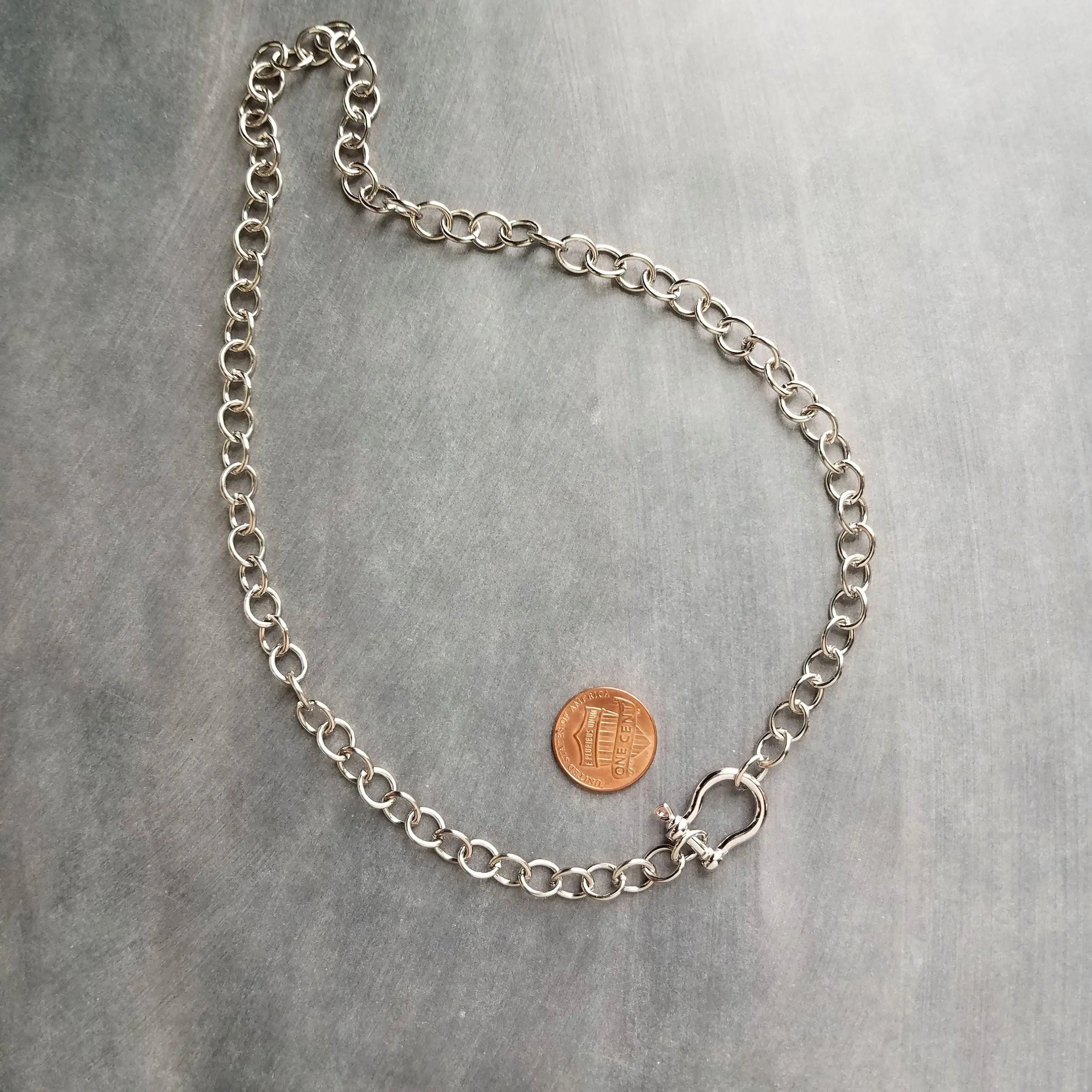 Chunky Silver Chain, front clasp necklace, large link chain, horseshoe clasp necklace, screw clasp chain, big round link chain, stainless