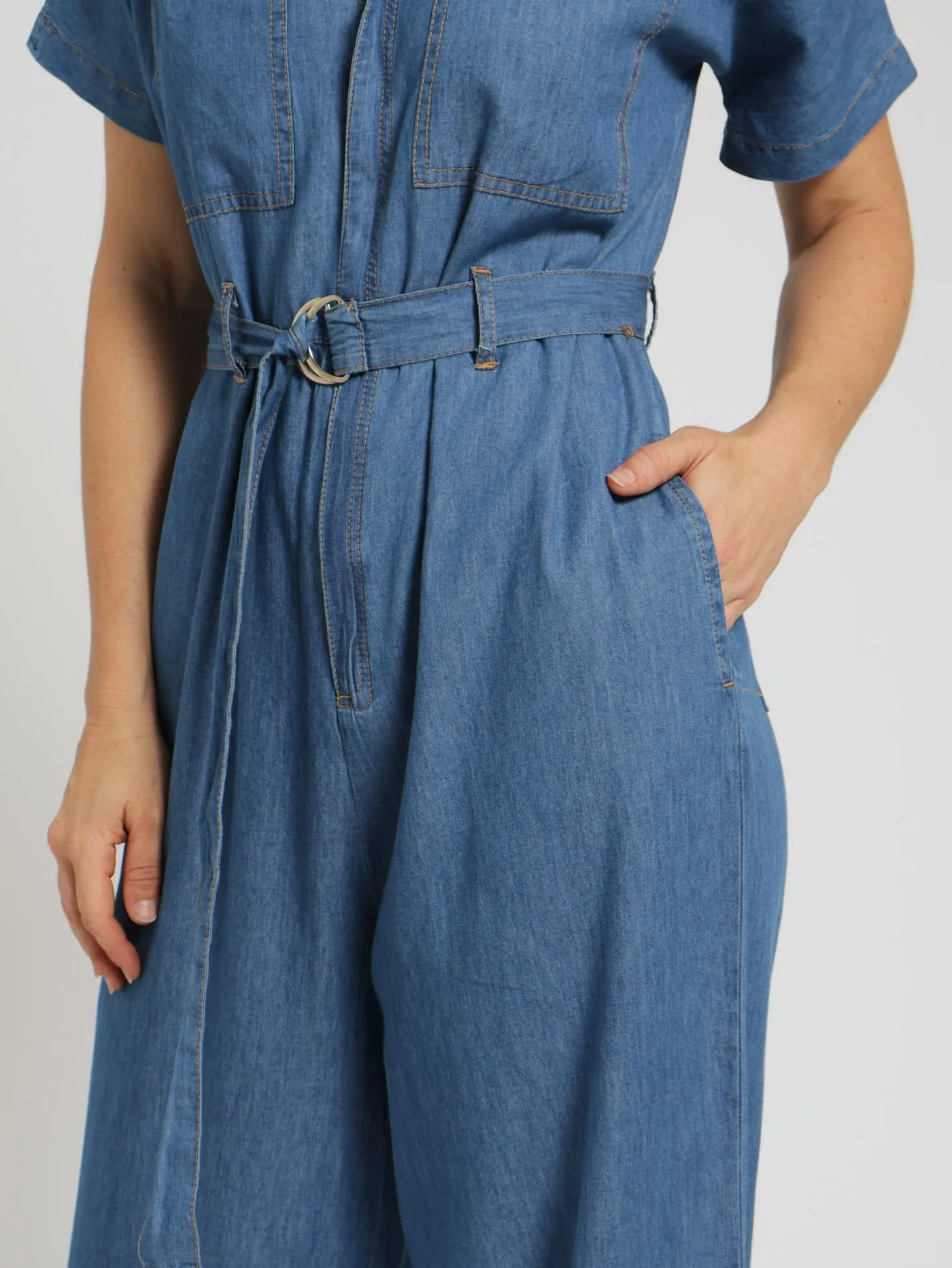 Collared Zip Through Belted Boiler Suit - Medium Wash