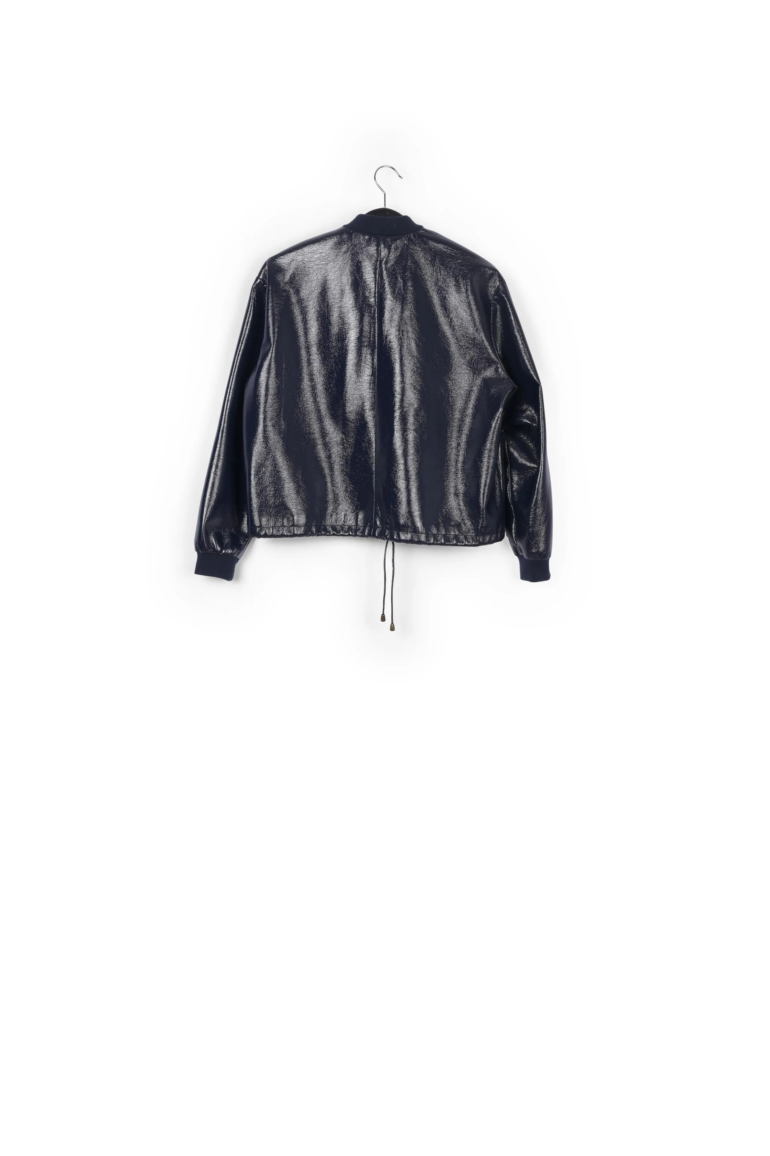 Dark blue faux patent-leather bomber jacket