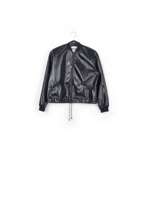 Dark blue faux patent-leather bomber jacket
