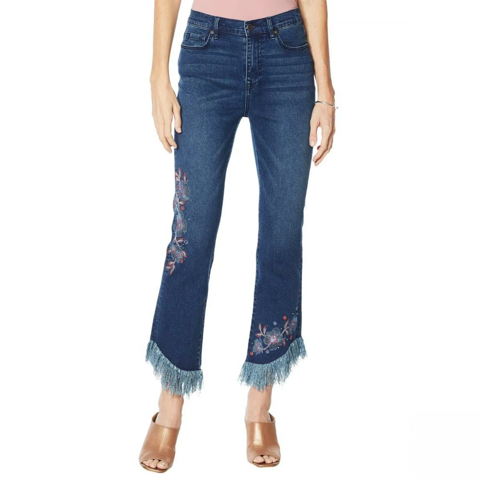 DG2 by Diane Gilman Women's Embellished Fringe Hem Cropped Jeans Indigo 14
