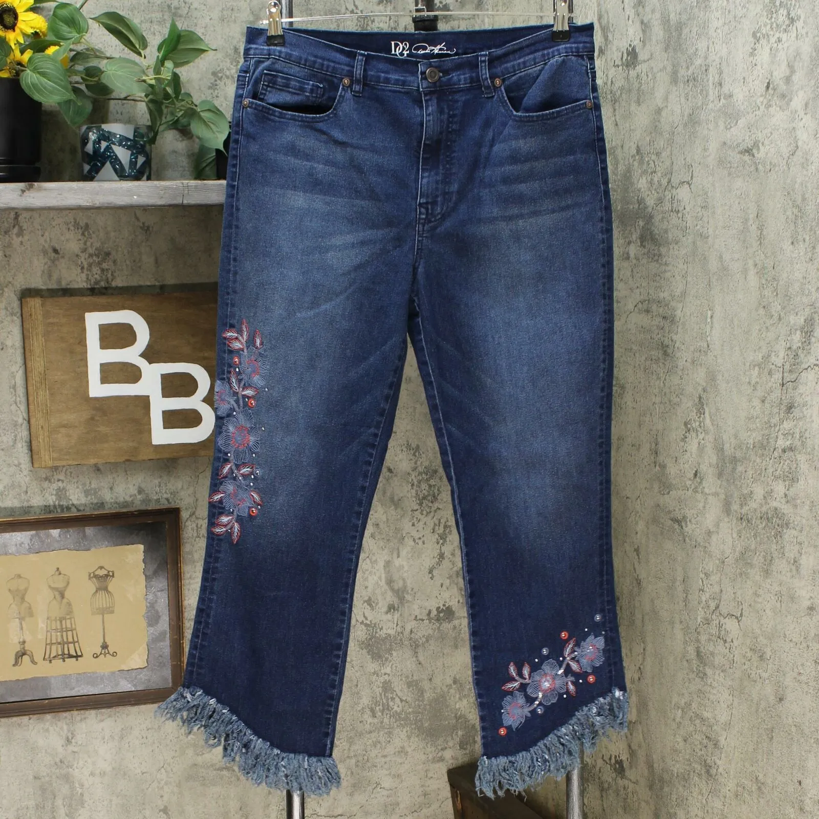 DG2 by Diane Gilman Women's Embellished Fringe Hem Cropped Jeans Indigo 14