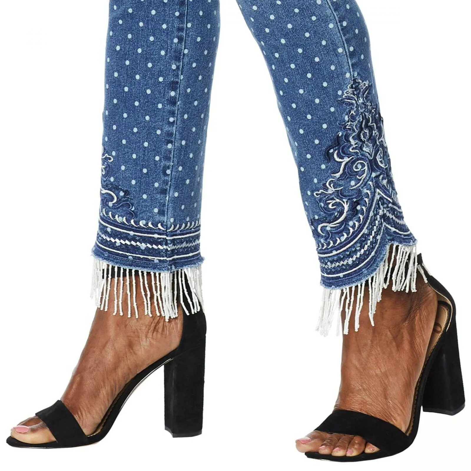 DG2 by Diane Gilman Women's Plus Size Embroidered Classic Stretch Bead Fringe Jeans