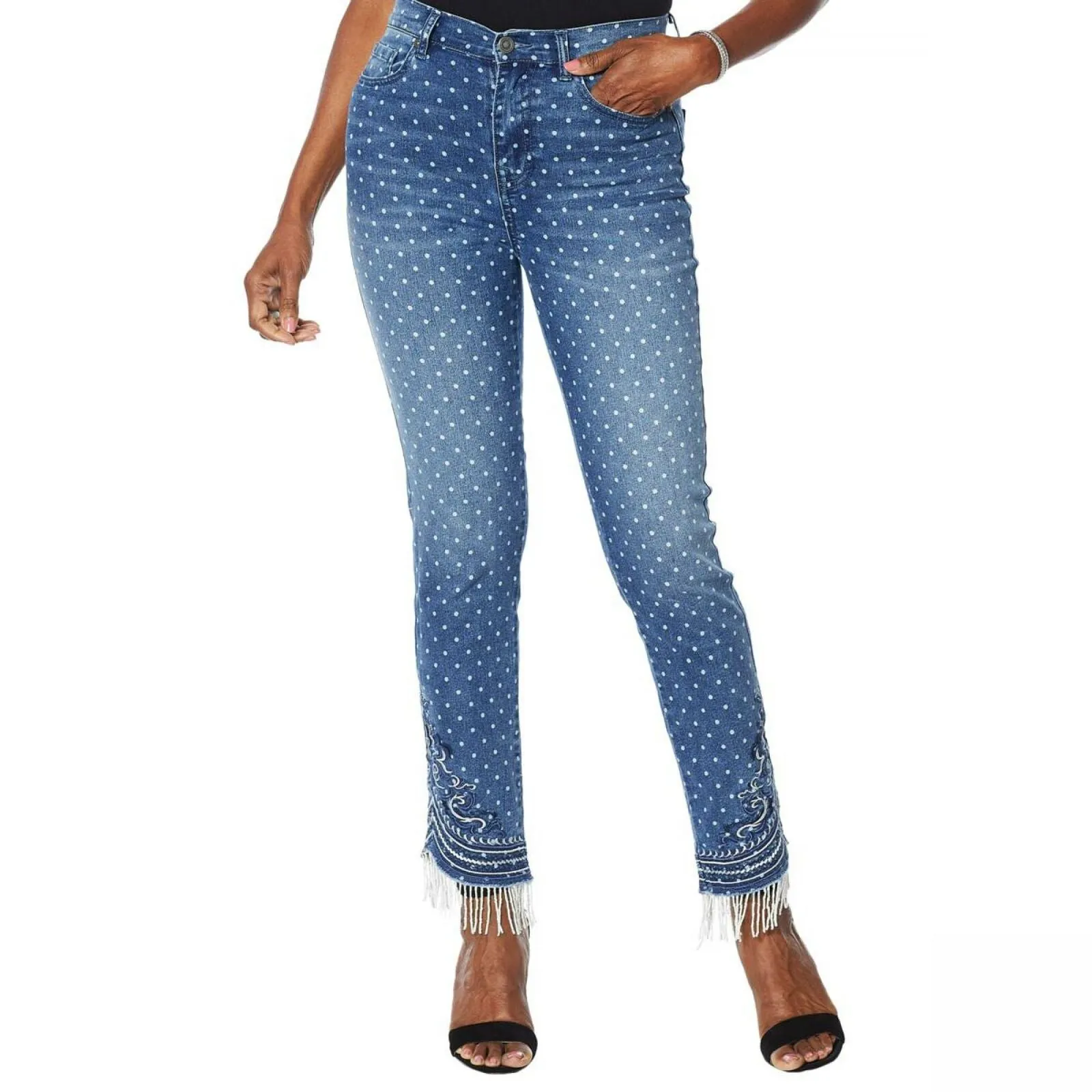 DG2 by Diane Gilman Women's Plus Size Embroidered Classic Stretch Bead Fringe Jeans