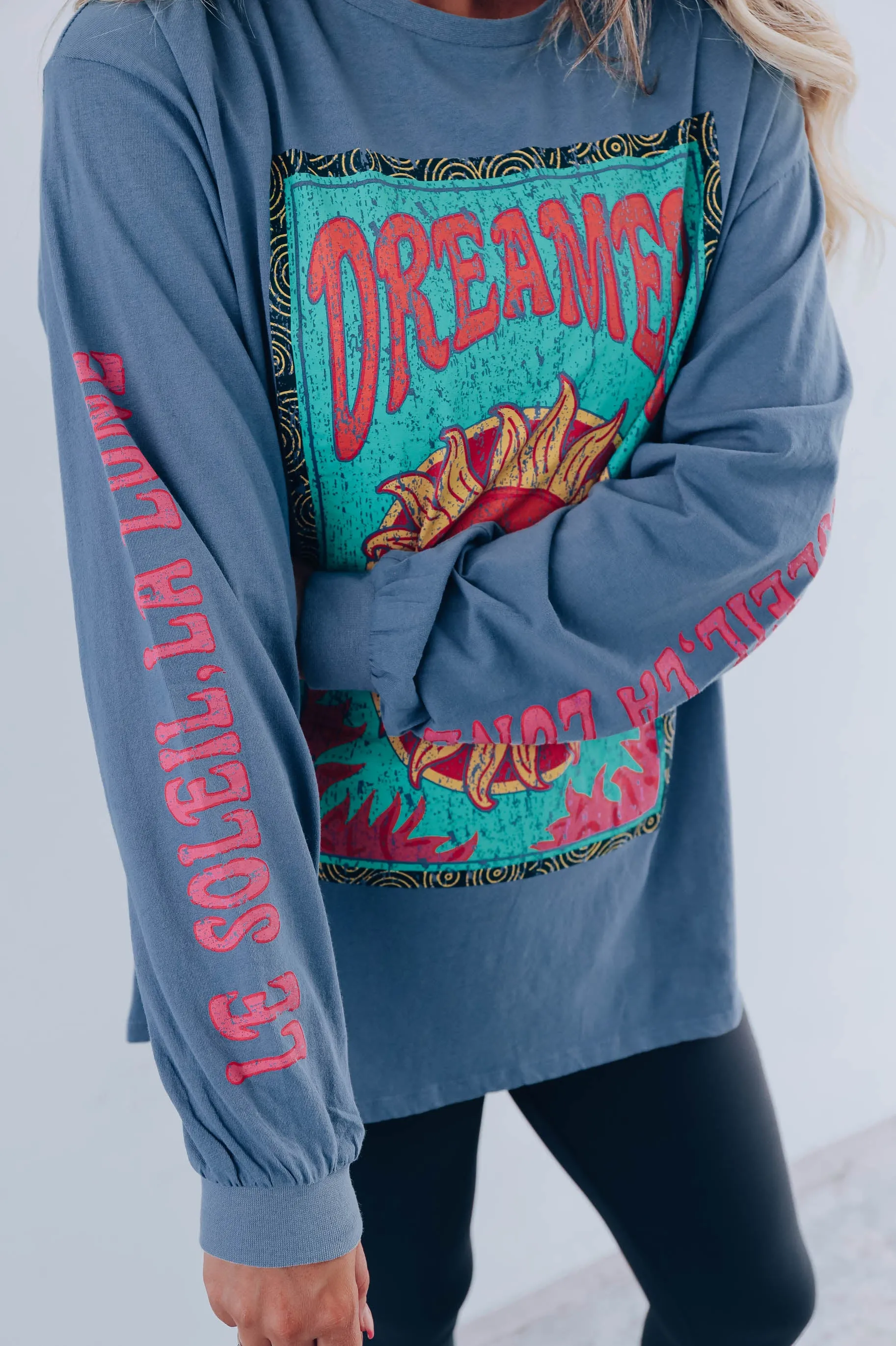 Dreamer Long Sleeve Graphic Tee- Blue