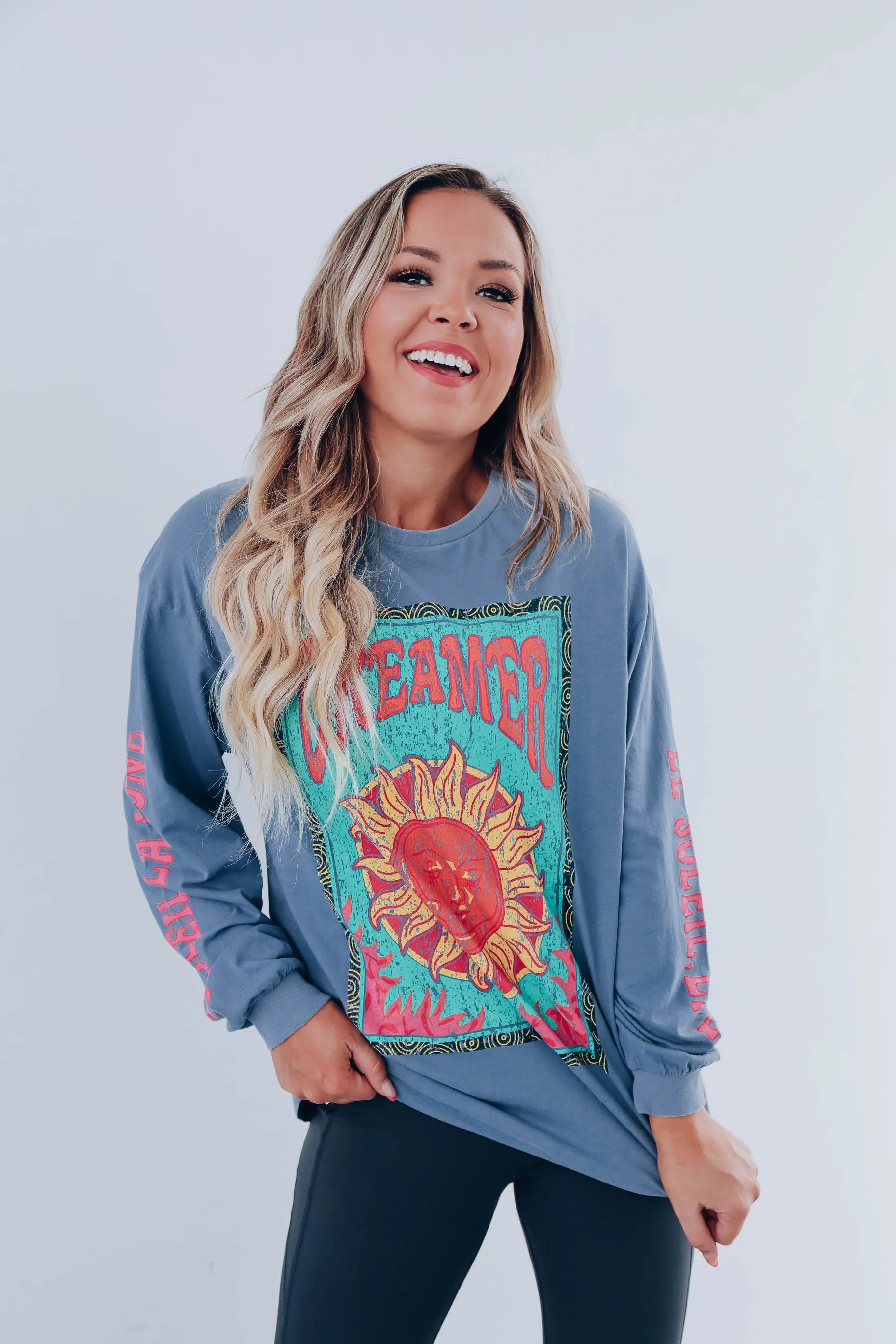Dreamer Long Sleeve Graphic Tee- Blue