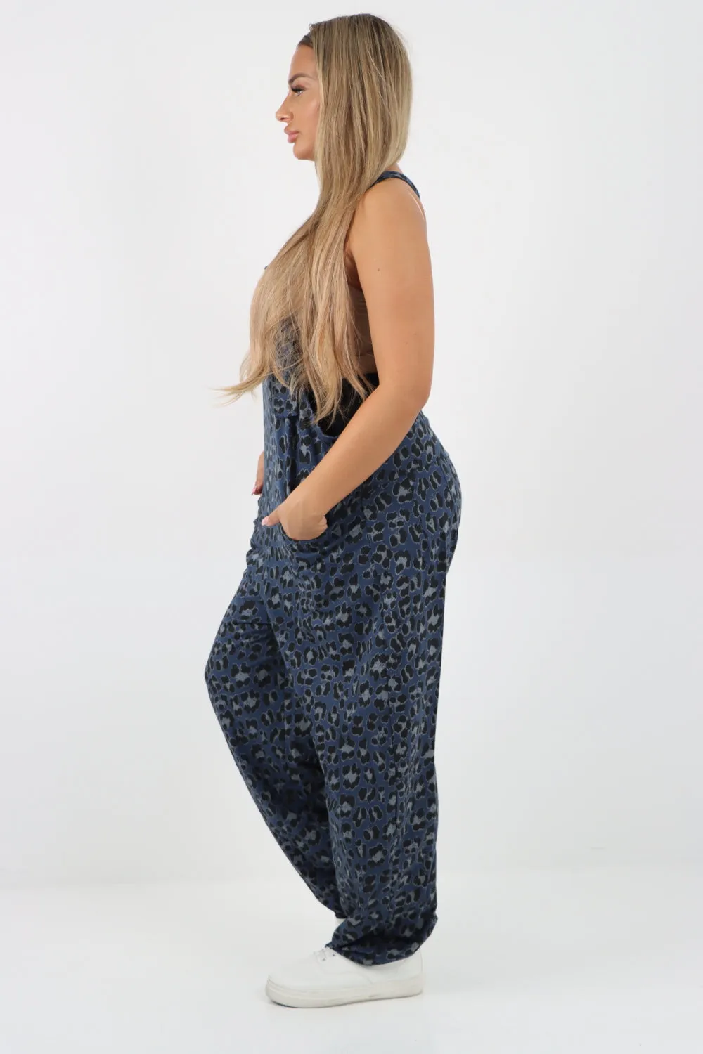 Dungaree Leopard Print Jersey Jumpsuits