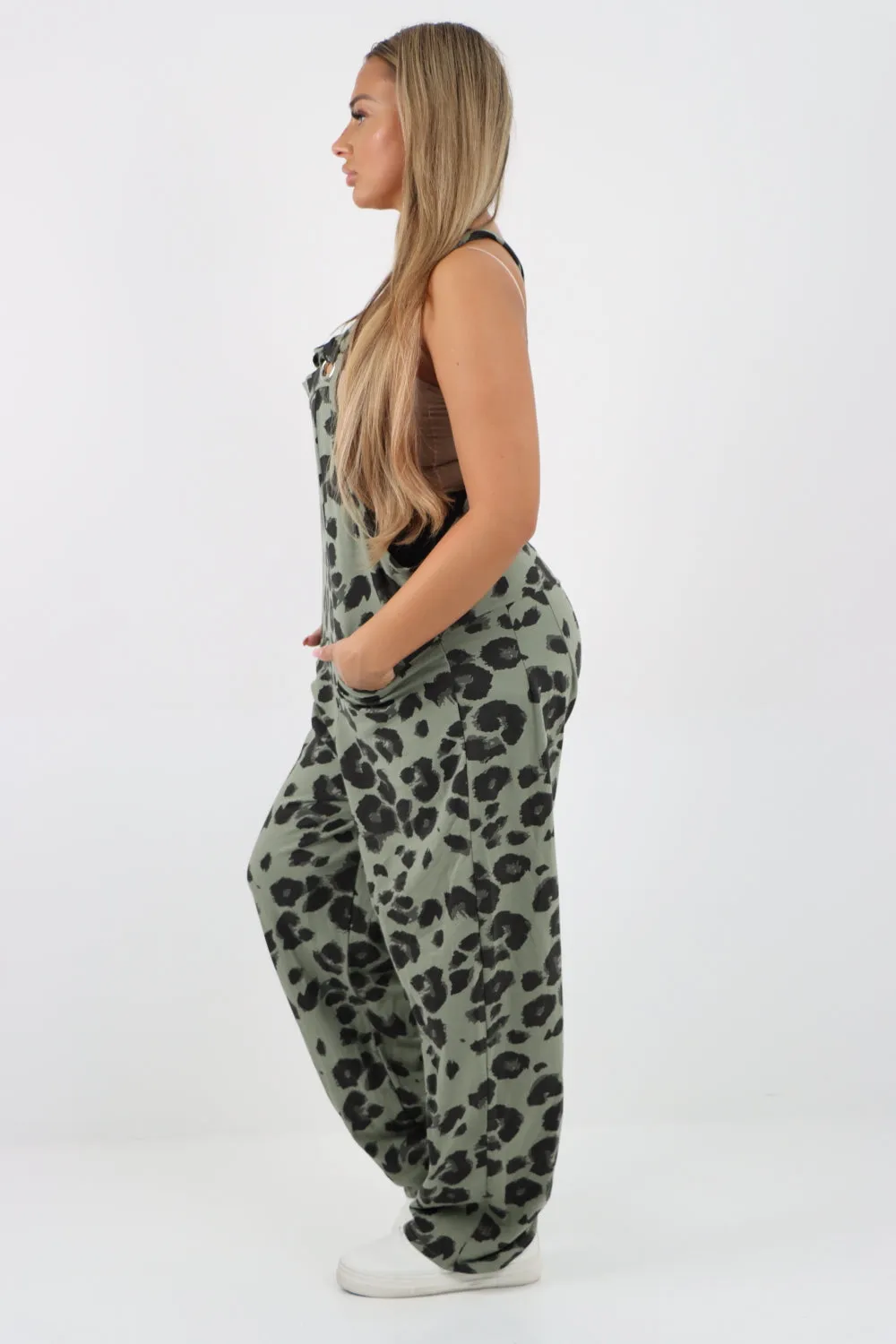 Dungaree Leopard Print Jersey Jumpsuits