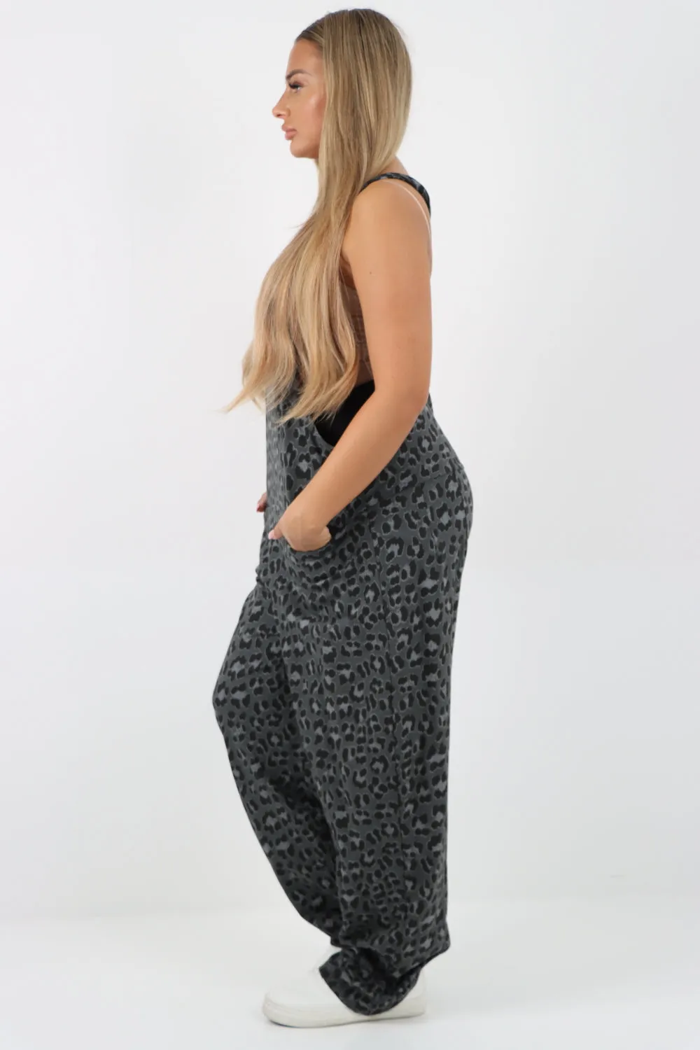 Dungaree Leopard Print Jersey Jumpsuits