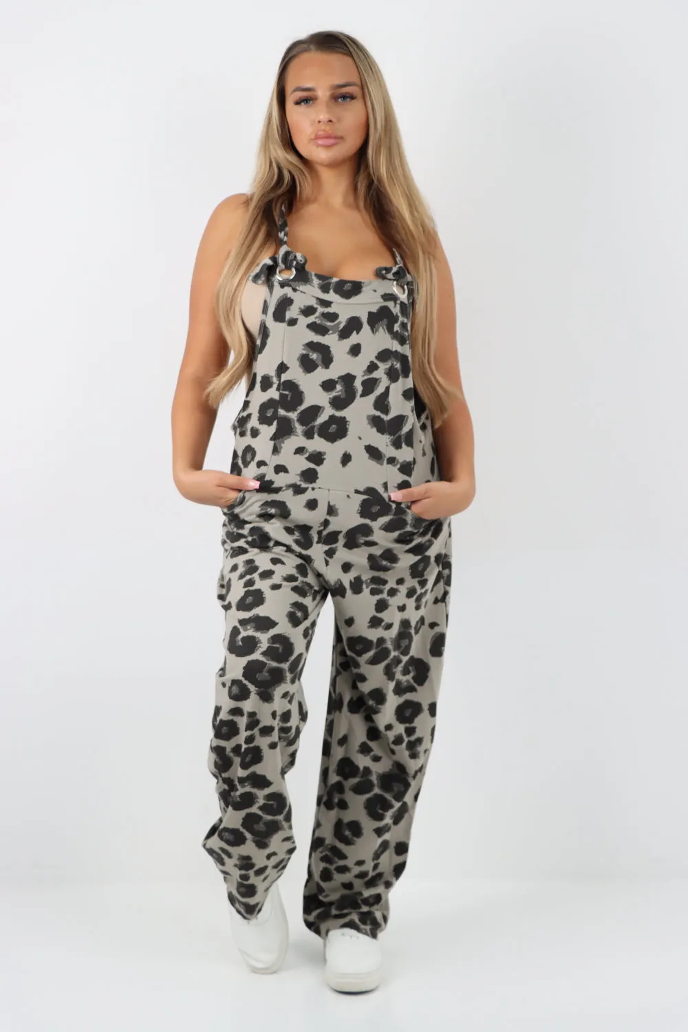 Dungaree Leopard Print Jersey Jumpsuits