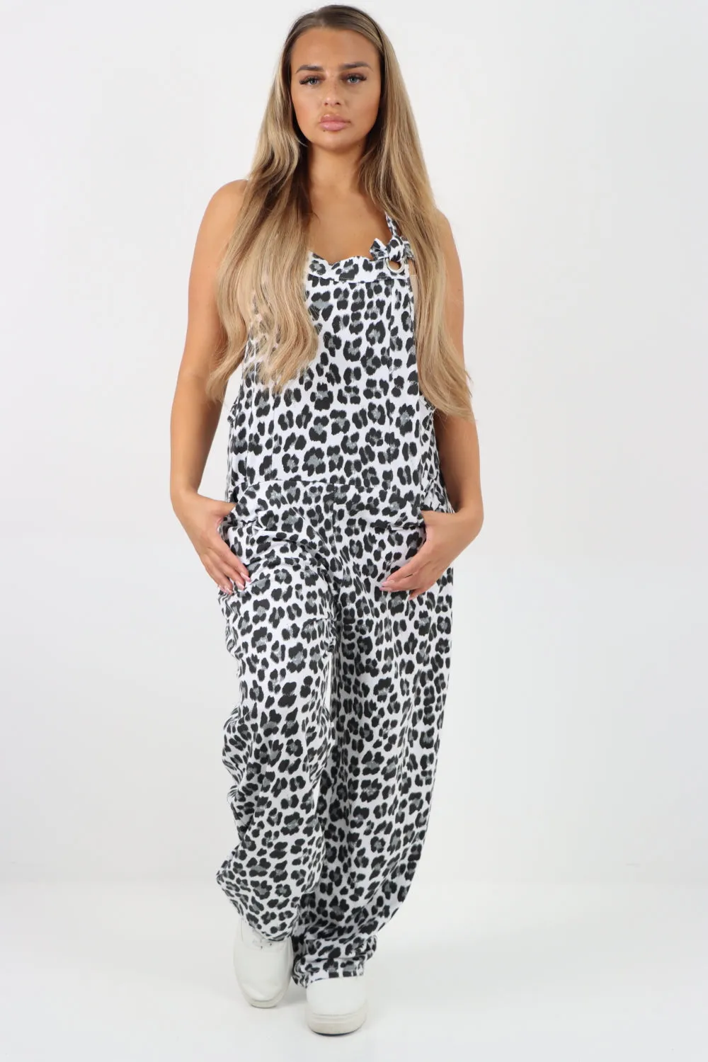 Dungaree Leopard Print Jersey Jumpsuits