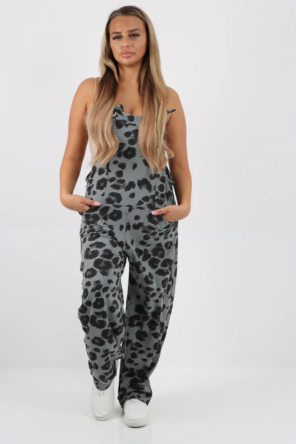 Dungaree Leopard Print Jersey Jumpsuits