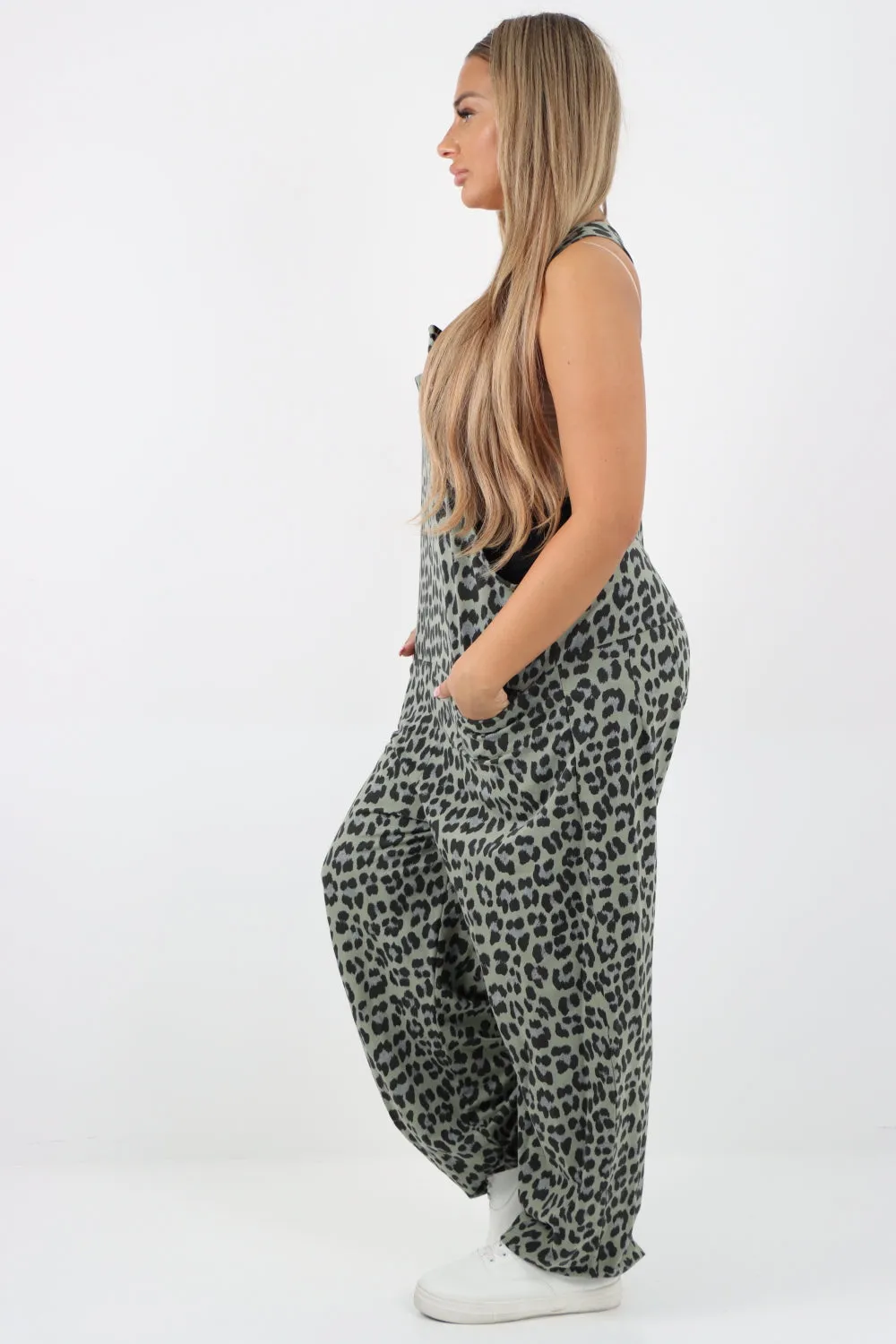 Dungaree Leopard Print Jersey Jumpsuits