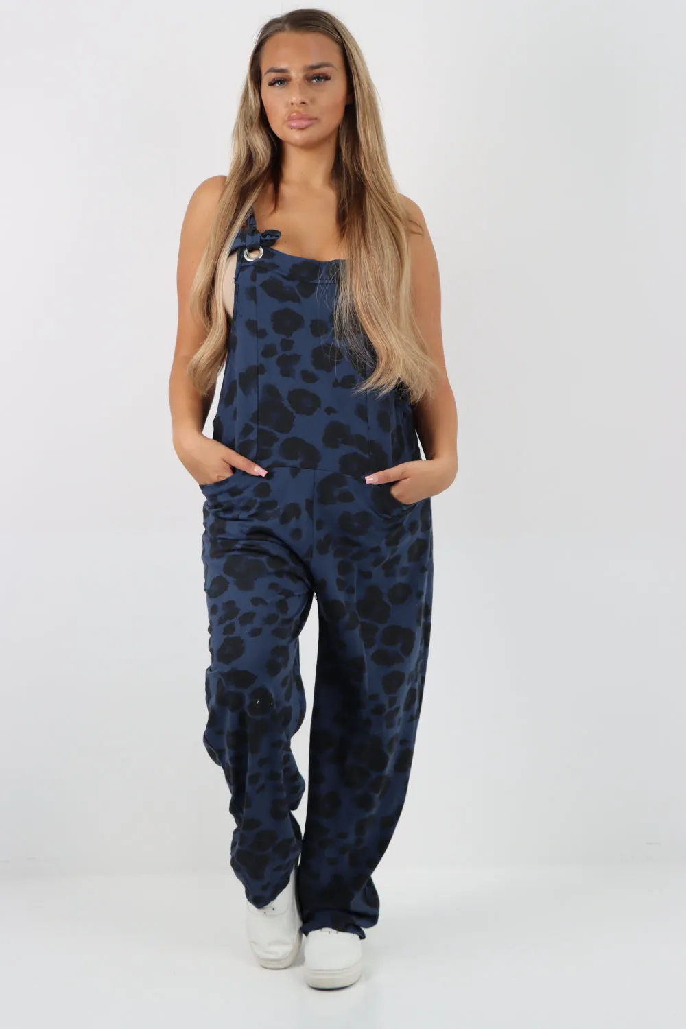 Dungaree Leopard Print Jersey Jumpsuits