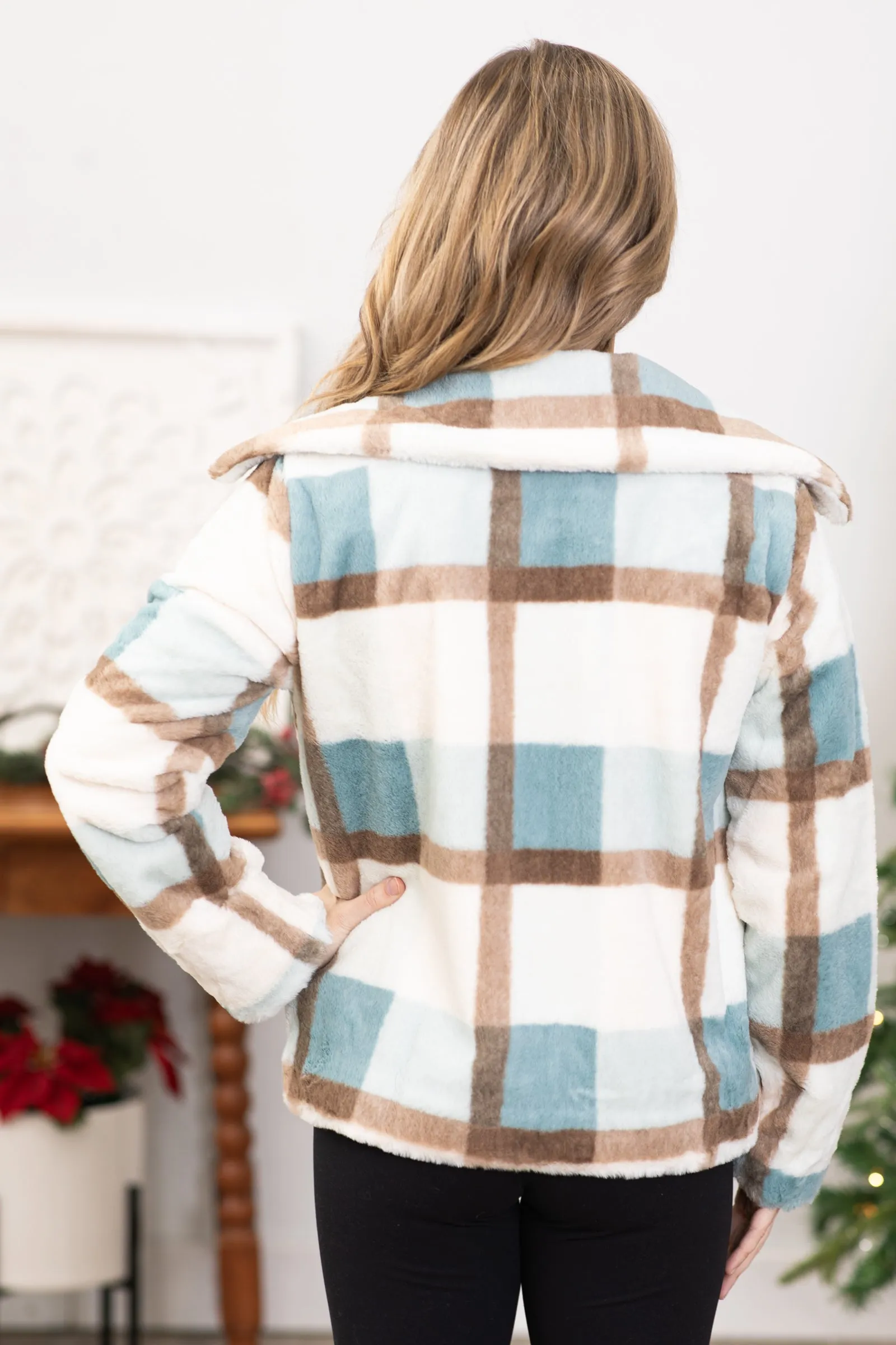 Dusty Teal and Mocha Plaid Faux Fur Jacket