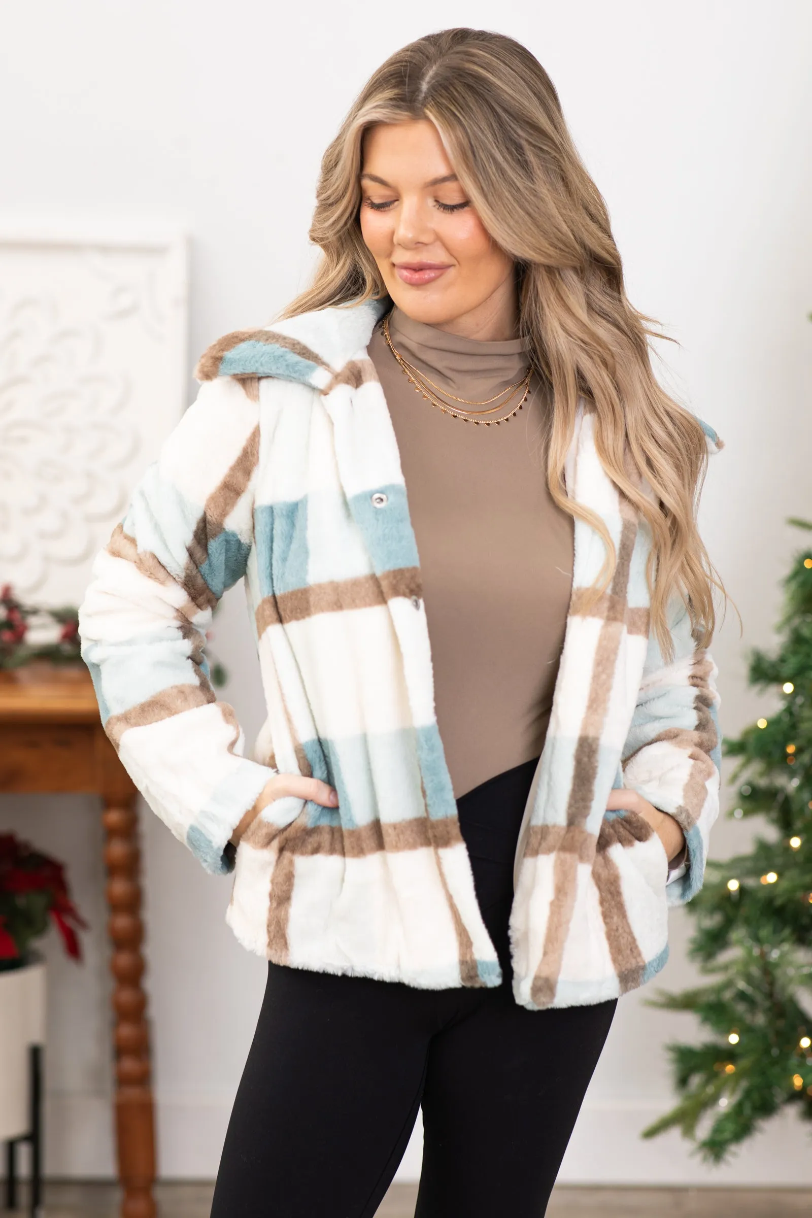 Dusty Teal and Mocha Plaid Faux Fur Jacket