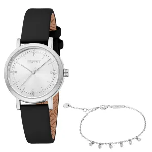 Esprit Ladies Silver-Tone Watch with Black Leather Strap & Matching Bracelet