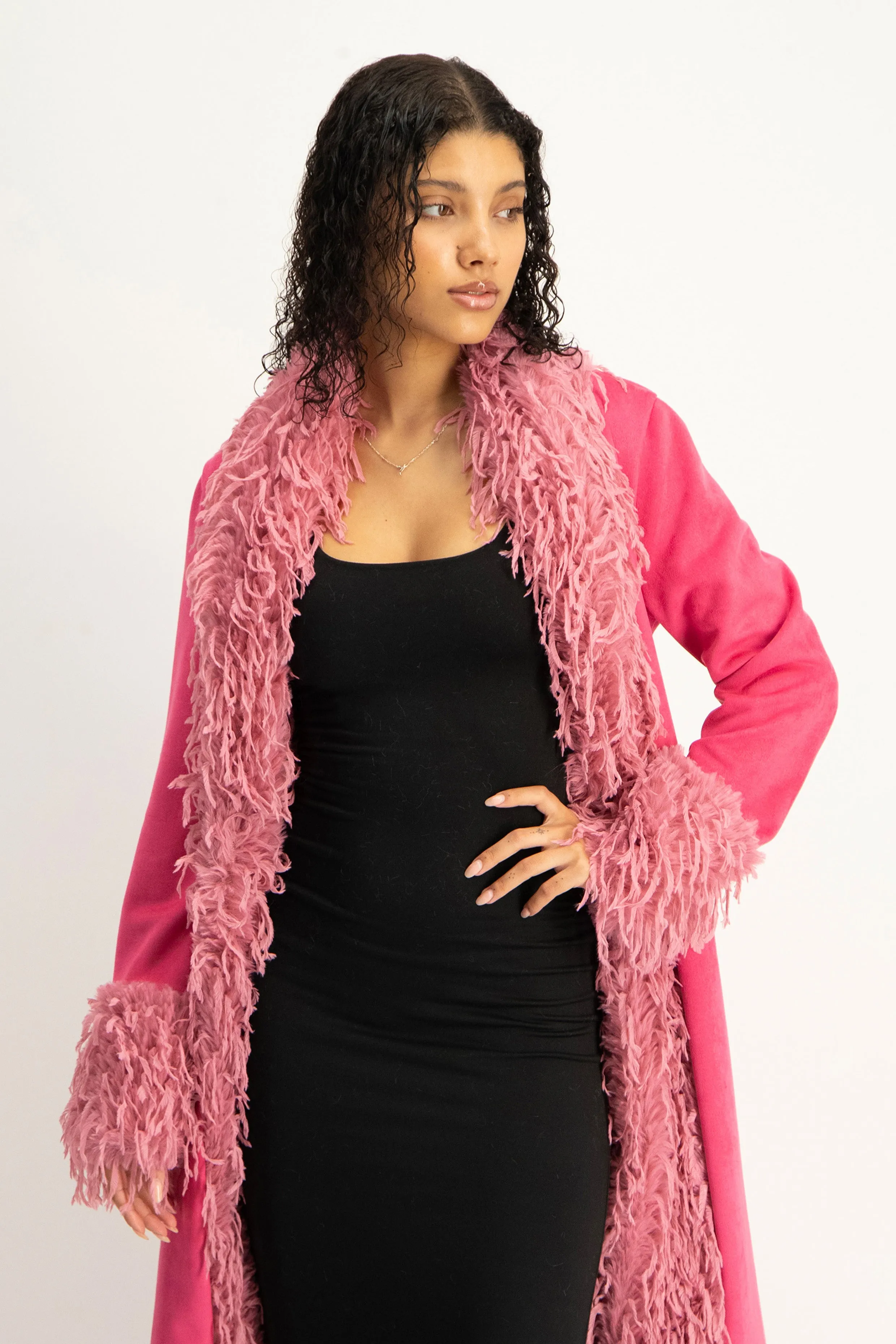 Fancy Faux Fur Trim Suede Coat