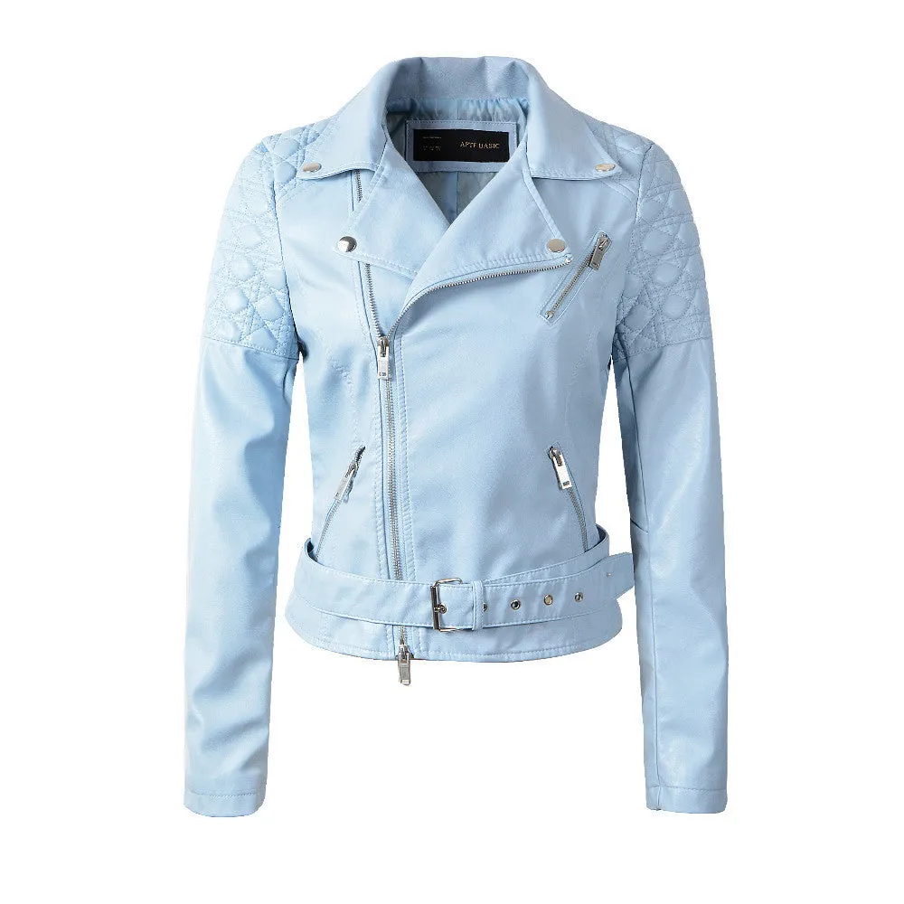 fashion pink sky blue women leather jacket bomber motorcycle Leather jackets women 3 color brand leather coat S-XL