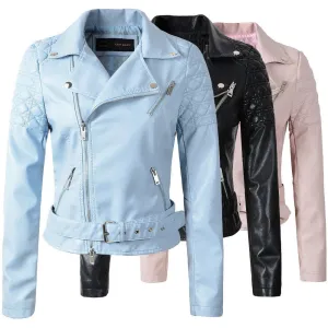 fashion pink sky blue women leather jacket bomber motorcycle Leather jackets women 3 color brand leather coat S-XL