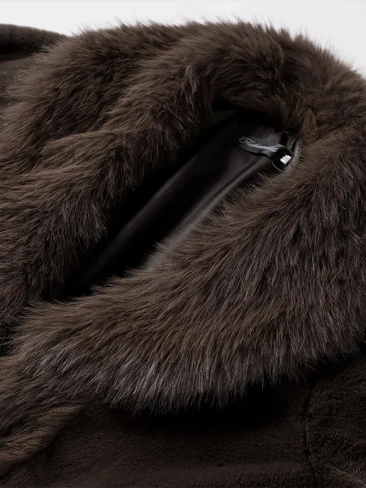 Faux Fur Coat Women Winter Fluffy Jacket Fox Fur Collar Fashion Artificial Mink Plush Medium Length Coat Elegant Furry Overcoat