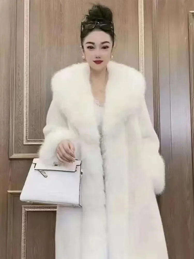 Faux Fur Coat Women Winter Fluffy Jacket Fox Fur Collar Fashion Artificial Mink Plush Medium Length Coat Elegant Furry Overcoat