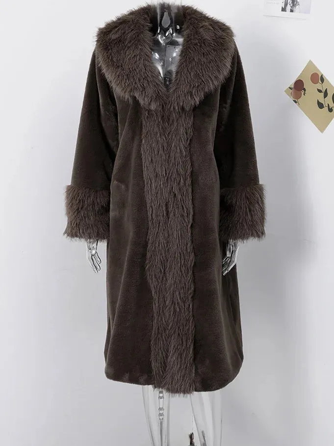 Faux Fur Coat Women Winter Fluffy Jacket Fox Fur Collar Fashion Artificial Mink Plush Medium Length Coat Elegant Furry Overcoat