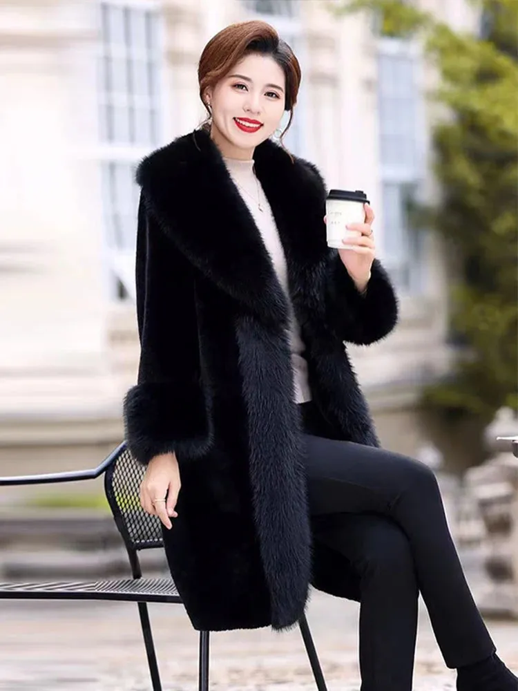 Faux Fur Coat Women Winter Fluffy Jacket Fox Fur Collar Fashion Artificial Mink Plush Medium Length Coat Elegant Furry Overcoat