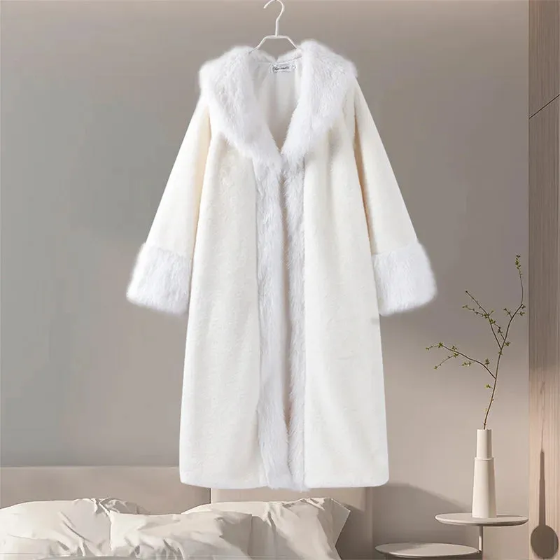 Faux Fur Coat Women Winter Fluffy Jacket Fox Fur Collar Fashion Artificial Mink Plush Medium Length Coat Elegant Furry Overcoat