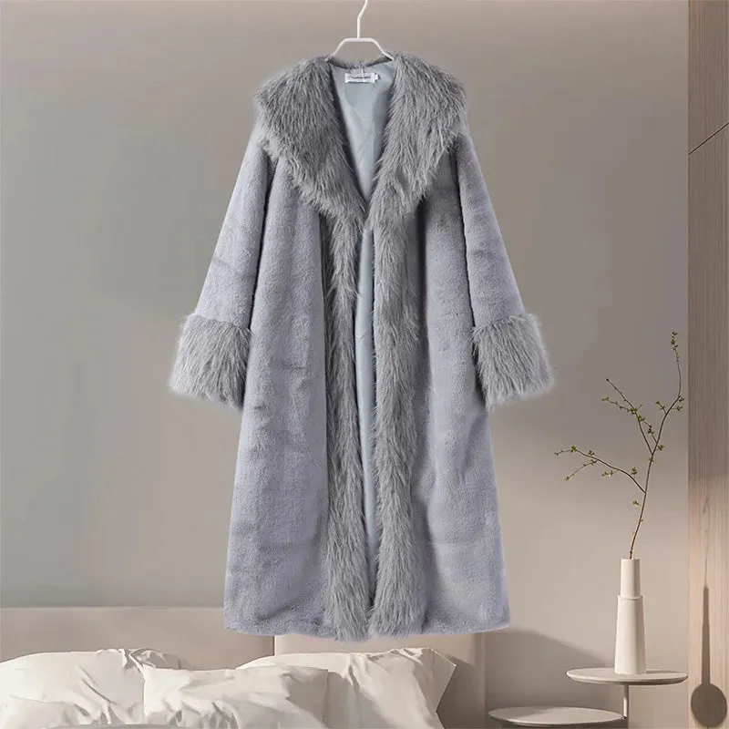 Faux Fur Coat Women Winter Fluffy Jacket Fox Fur Collar Fashion Artificial Mink Plush Medium Length Coat Elegant Furry Overcoat