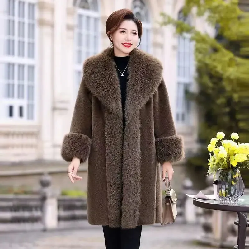 Faux Fur Coat Women Winter Fluffy Jacket Fox Fur Collar Fashion Artificial Mink Plush Medium Length Coat Elegant Furry Overcoat