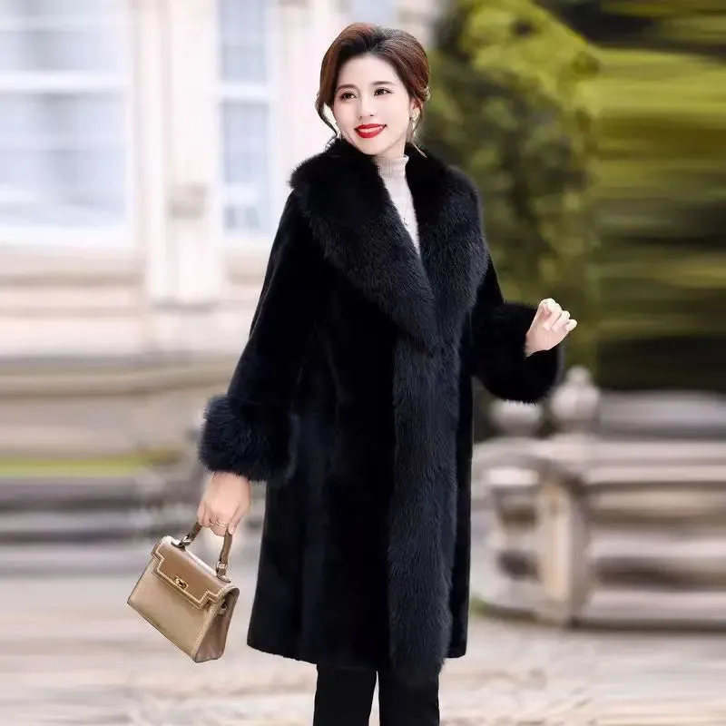 Faux Fur Coat Women Winter Fluffy Jacket Fox Fur Collar Fashion Artificial Mink Plush Medium Length Coat Elegant Furry Overcoat