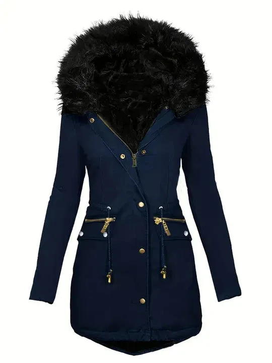 Faux fur hooded parka with drawstring, in ruby red