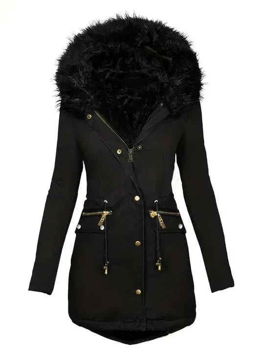 Faux fur hooded parka with drawstring, in ruby red