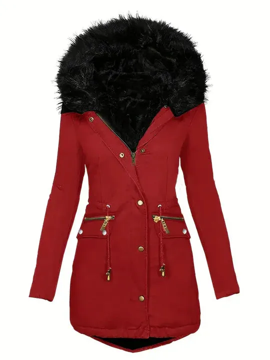 Faux fur hooded parka with drawstring, in ruby red
