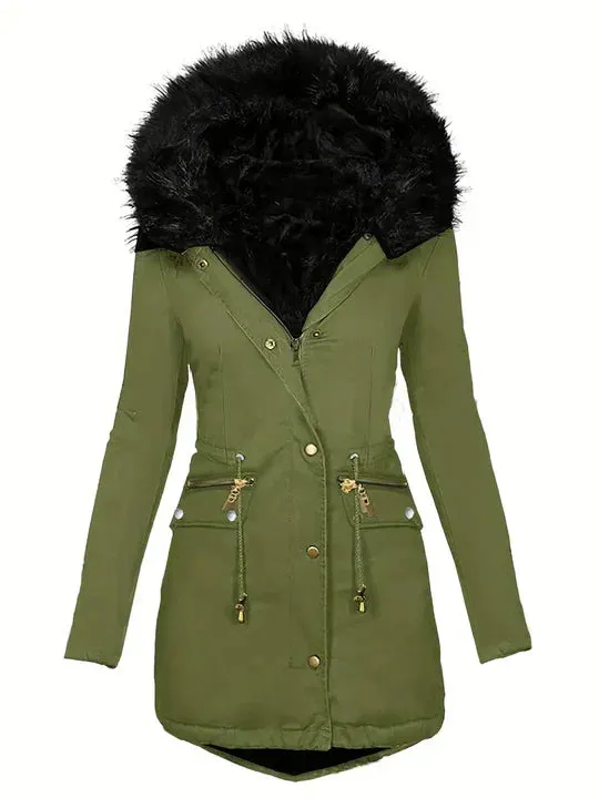 Faux fur hooded parka with drawstring, in ruby red