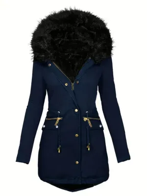 Faux fur hooded parka with drawstring, in ruby red