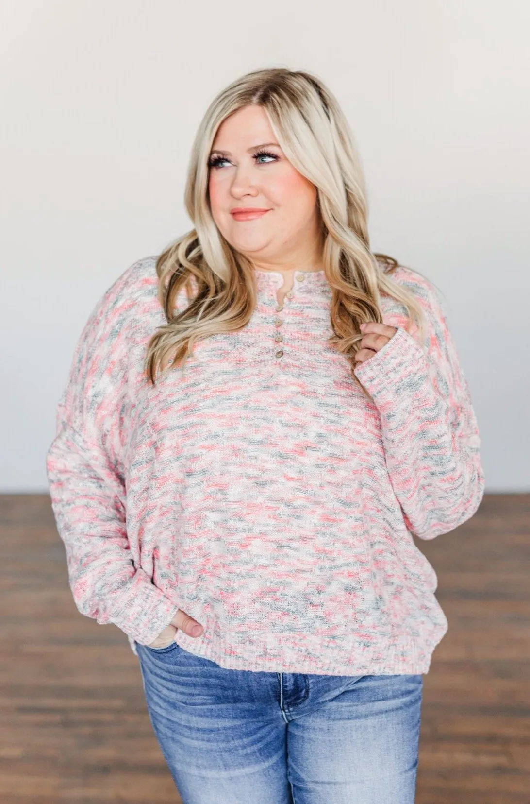 Feeling Blessed Button Knit Sweater- Ivory, Coral, & Blue