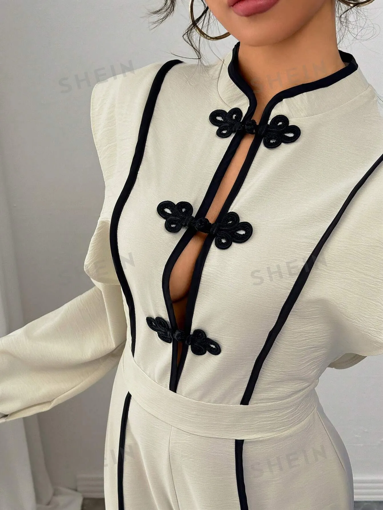 French Casual Ruffled Hem Black Trim Long Sleeve Chinese Knot Button Textured Fabric Overall Jumpsuit, Light Brown For Women, Autumn/Winter