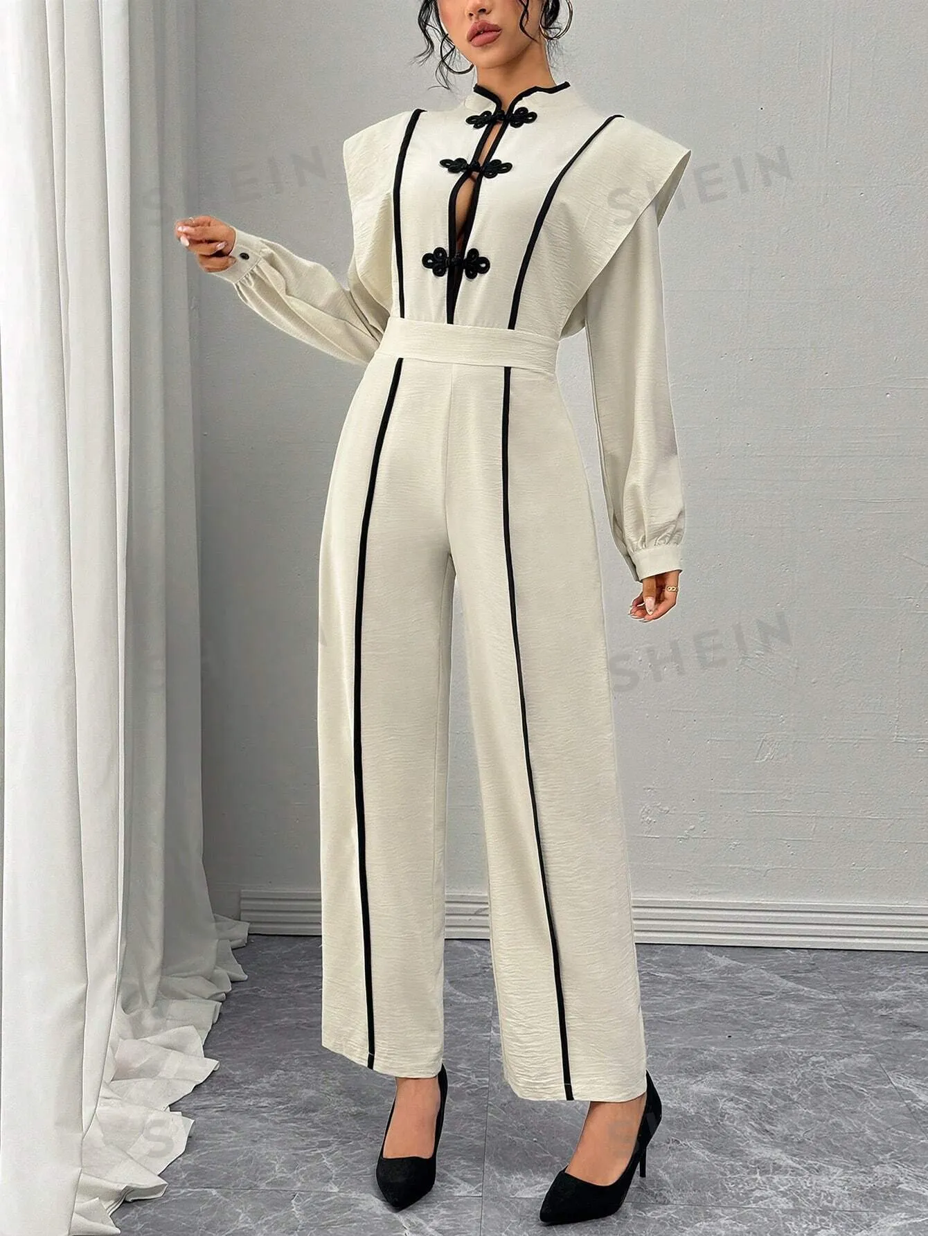French Casual Ruffled Hem Black Trim Long Sleeve Chinese Knot Button Textured Fabric Overall Jumpsuit, Light Brown For Women, Autumn/Winter